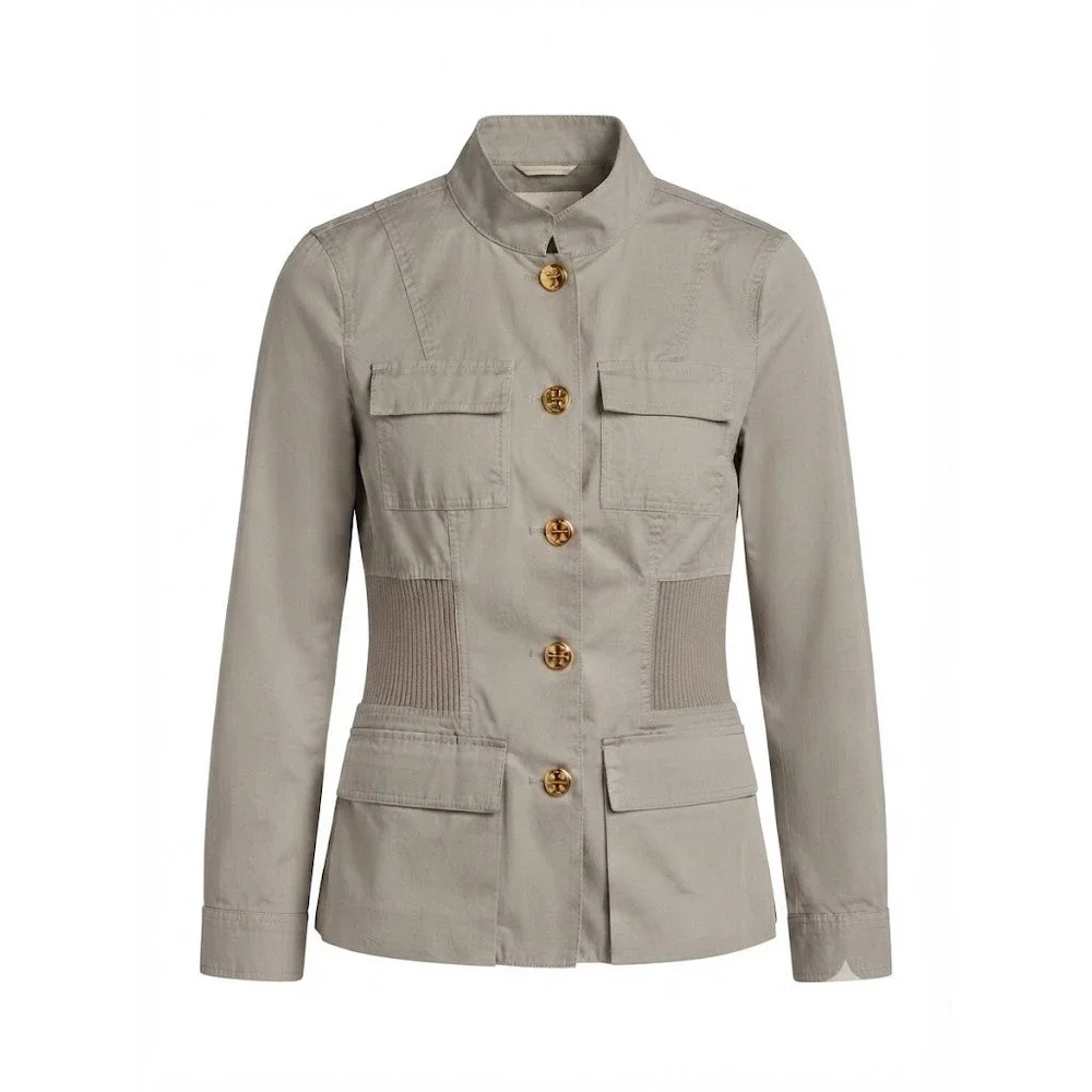 Tory Burch Tan Cotton Safari Utility Jacket Gold Logo Buttons Small - AC